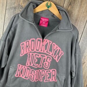 KidSuper Studios Brooklyn Nets Bero Quarter Zip Pullover Sweatshirt Gray Medium